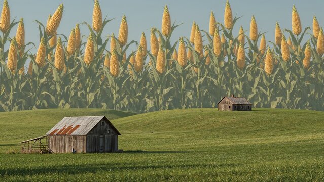 Standing wooden barn perched on grassy hill, rusted metal roof and golden corn cobs, copy space - Powered by Adobe