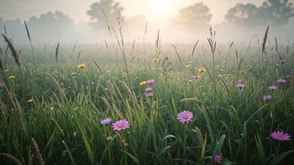 Fototapeta premium Shimmering dew-laden grass seed heads catching golden sunlight over misty meadow, with wildflowers
