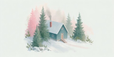 Fototapeta premium Blue house with a chimney and a porch is surrounded by trees