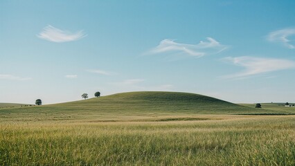 Fototapeta premium Spreading grassy meadow across dome-shaped hill in prairie, with isolated trees and wispy clouds