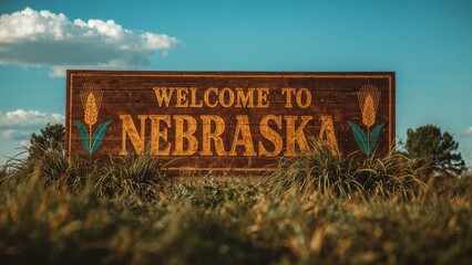 Standing wooden welcome sign greeting drivers on rural Nebraska roadside with ornamental grasses