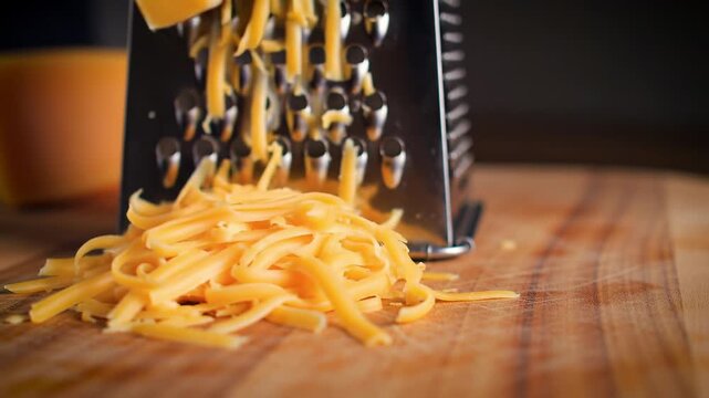 Hand actively grating vibrant orange cheese with a metal grater, creating shredded cheese on a wooden board.