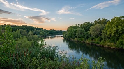 Obraz premium Reflecting winding river flowing past park at dusk, with cattail reeds, grasses and deciduous trees