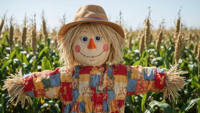 Standing straw scarecrow wearing patchwork dress in cornfield, with straw hat and golden tassels - Powered by Adobe