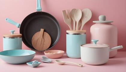 Pastel Cooking Utensils and Storage Jars on Pink Setting