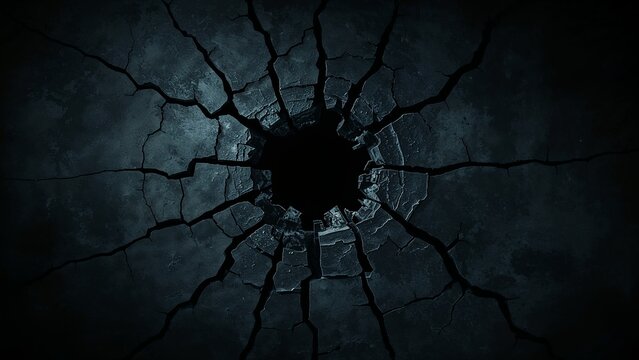 Highlighting cracked concrete slab in dramatic light, with central circular hole and radial cracks - Powered by Adobe