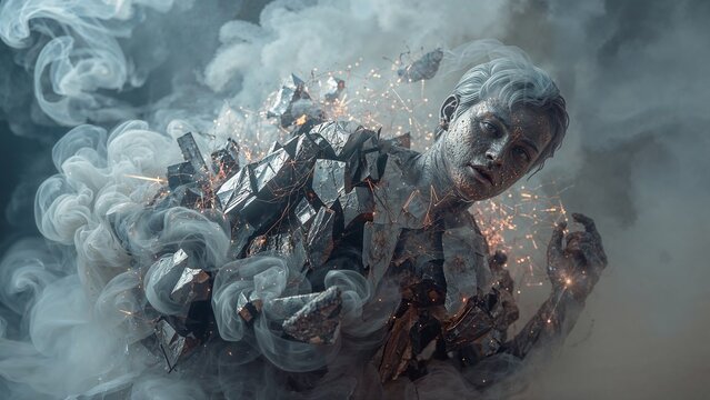 Emerging humanoid figure fusing metallic shards with stone fragments in haze showing glowing sparks - Powered by Adobe