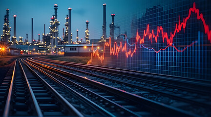 Technology & Industry Concept Refinery, Rail Lines and Superimposed Data Visualization