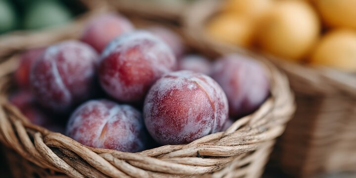 Basket of plums is shown in front of a basket of oranges - Powered by Adobe