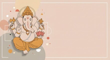 Lord Ganesha, Hindu deity, sits serenely, holding a lotus flower, depicted in a minimalist, modern artistic style.