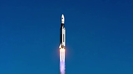 A powerful rocket ascends into the clear blue sky, its engines igniting with a brilliant plume of fire and smoke during liftoff. - Powered by Adobe