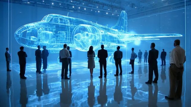 Aviation blueprint: A group of professionals stands in a spacious, contemporary hangar, their figures silhouetted against the detailed blueprint of an aircraft.