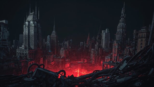 Glowing red chasm casting ominous light among towering skyscrapers, with collapsed beams and cables - Powered by Adobe