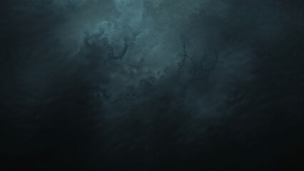 Swirling dark storm clouds moving across open sky, with luminescent teal mist patches