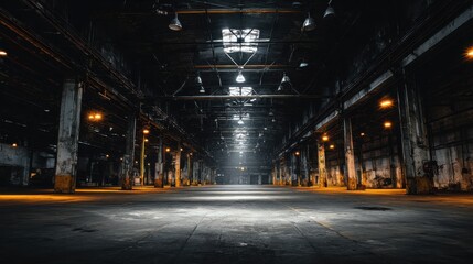 Obraz premium Vast industrial warehouse interior with dramatic lighting and rows of support columns