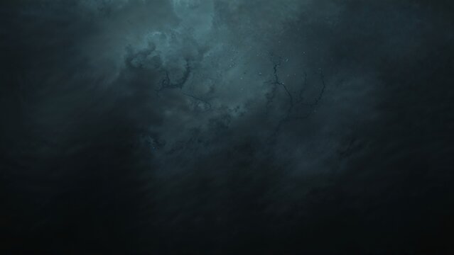 Swirling dark storm clouds moving across open sky, with luminescent teal mist patches - Powered by Adobe