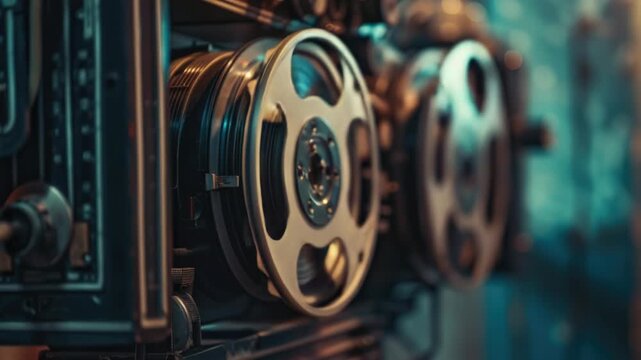 A close-up shot of a film projector on a wall, ideal for use in presentations or displays about cinema, movies, and filmmaking