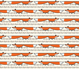 Red fox runs through flowers to success, vector seamless conceptual pattern. Wallpaper, wrapping paper, card, decoupage, background, backdrop, ornament, fabric, textile.