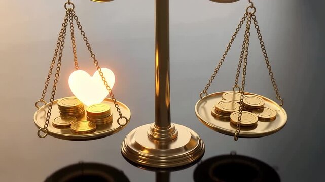 A glowing heart symbol outweighs a pile of gold coins on one side of a brass balance scale, representing the value of love versus wealth.
