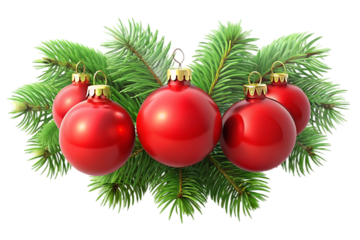 Festive red christmas ornaments on green fir branches isolated on transparent background
