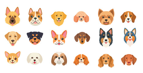 Cute Dog Breed Faces Collection – Flat Vector Icons
