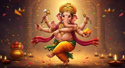 Dancing Ganesha, Hindu deity, four arms, ornate attire, surrounded by lights and offerings.