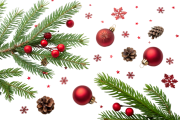 Christmas tree branches with red ornaments and pine cones isolated on transparent background