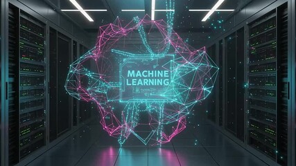 Abstract digital representation of machine learning algorithms and neural networks in a futuristic server room environment. - Powered by Adobe