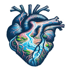 Anatomical heart painting blending nature, arteries as branching waterways, merging human anatomy and natural landscapes.