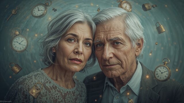Standing senior couple wearing jacket, contemplating vortex of floating watches and padlocks - Powered by Adobe