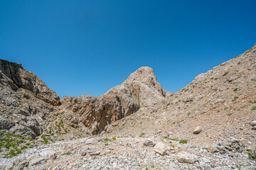 The scenic views of Demirkazık summit, Davlumbaz summit and dipsiz göl at the Aladağlar National...