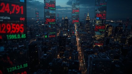 Running central lit avenue cutting through dense skyline at dusk, with floating stock ticker panels