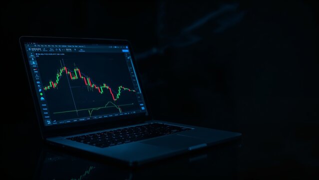 Displaying laptop computer showing candlestick chart in dim room, with glossy surface, copy space - Powered by Adobe