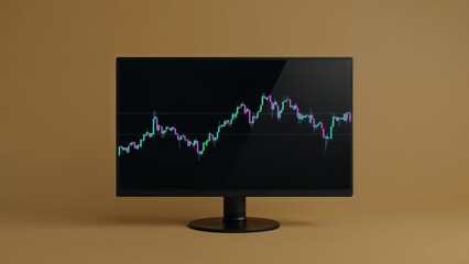 Displaying wide computer monitor showing candlestick trading chart on tabletop, with circular stand
