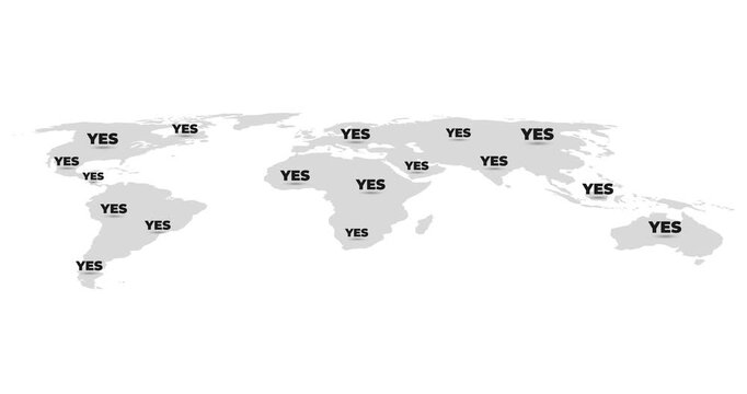 Design of a world map highlighting different countries and containing the word YES in the context of global acceptance.