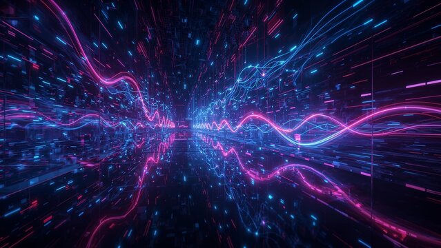 Streaming neon waveforms converging in tunnel on reflective floor, with floating data particles - Powered by Adobe