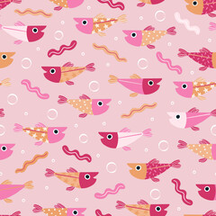 Cute Pink Circus Fishes - Seamless Pattern Design