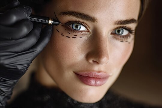 Surgeon wearing black gloves meticulously drawing dotted lines on a woman's face with a surgical marker, preparing for blepharoplasty and enhancing her natural beauty through cosmetic surgery - Powered by Adobe