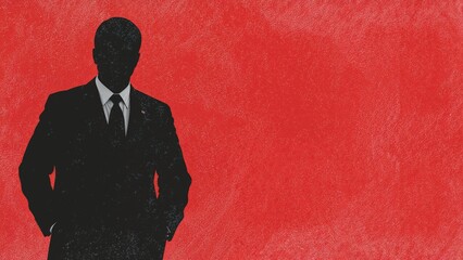 Standing silhouette wearing suit jacket, shirt and necktie in artwork on red backdrop, copy space