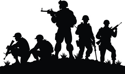 Silhouette of a tactical military squad in formation with rifles ready for action on a transparent background isolated on transparent background
