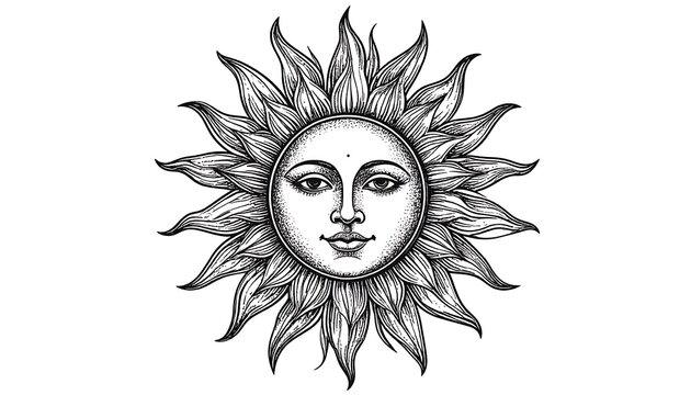 Detailed black and white sun illustration - Powered by Adobe