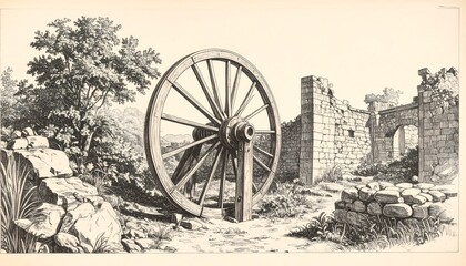 Antique engraved illustration of a large wheel and ruined structure
