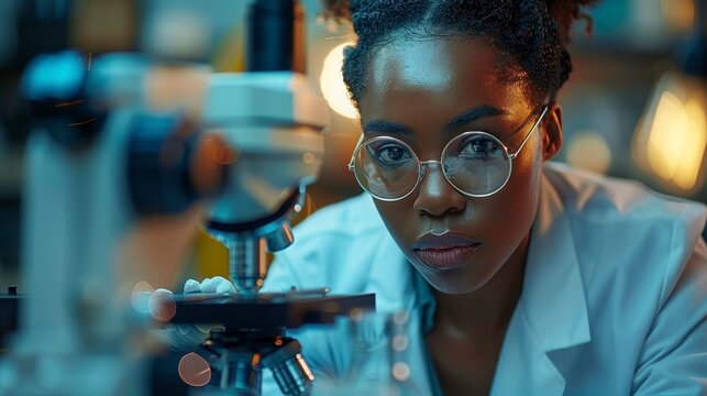 Scientist with glasses intensely focuses on a microscope
