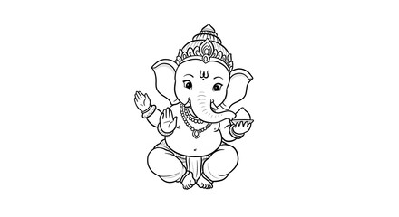 Line art illustration of a cute, seated baby Ganesha holding a sweet treat in his trunk.