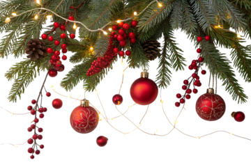 Festive christmas tree branches with red ornaments and lights isolated on transparent background