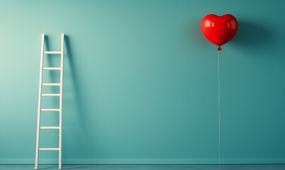 Ladder reaching to red heart-shaped balloon on blue background with space for text