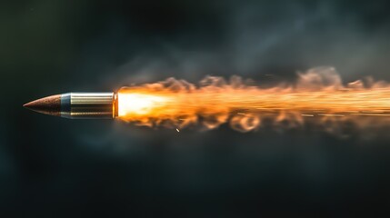 Fototapeta premium A bullet is captured mid-flight, with flames and sparks trailing behind it, highlighting its high speed and dynamic motion.