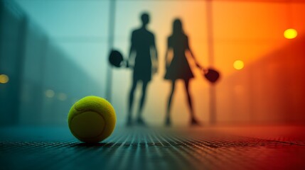 A tennis ball is on the ground in front of two people
