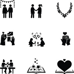 Love romance dating valentines day wedding anniversary relationship celebration icons vector set silhouette