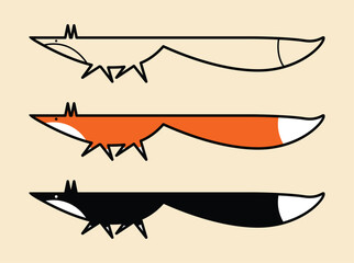Red fox, set. Black line, orange fox, black fox, vector illustration isolated on light yellow background. Logo, silhouette, icon.